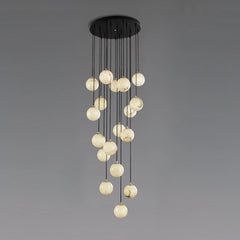 Modern chandelier with 20 alabaster globe lights hanging from round black canopy by YH Lamps