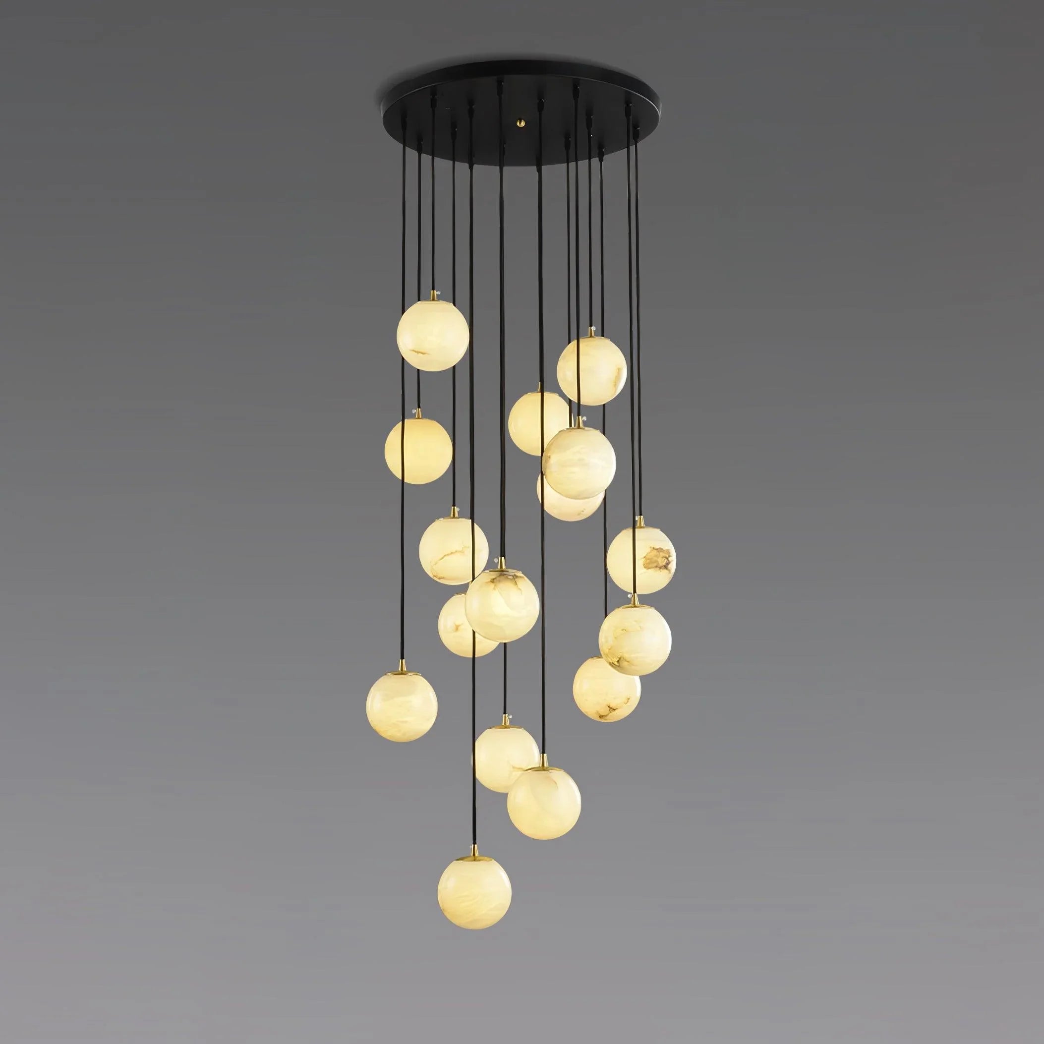Modern cluster chandelier with 17 alabaster ball pendants hanging from a round black canopy
