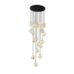 Modern cluster chandelier with 20 alabaster ball pendants hanging from a black round canopy