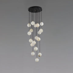 Modern pendant chandelier with 19 white alabaster ball lights hanging from black round canopy