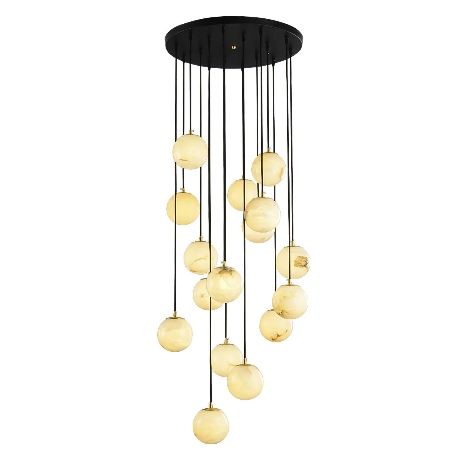 Modern chandelier with 16 alabaster ball pendants hanging from a round black canopy by YH Lamps