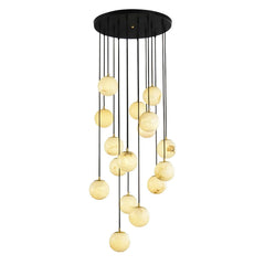 Modern chandelier with 16 alabaster ball pendants hanging from a round black canopy by YH Lamps