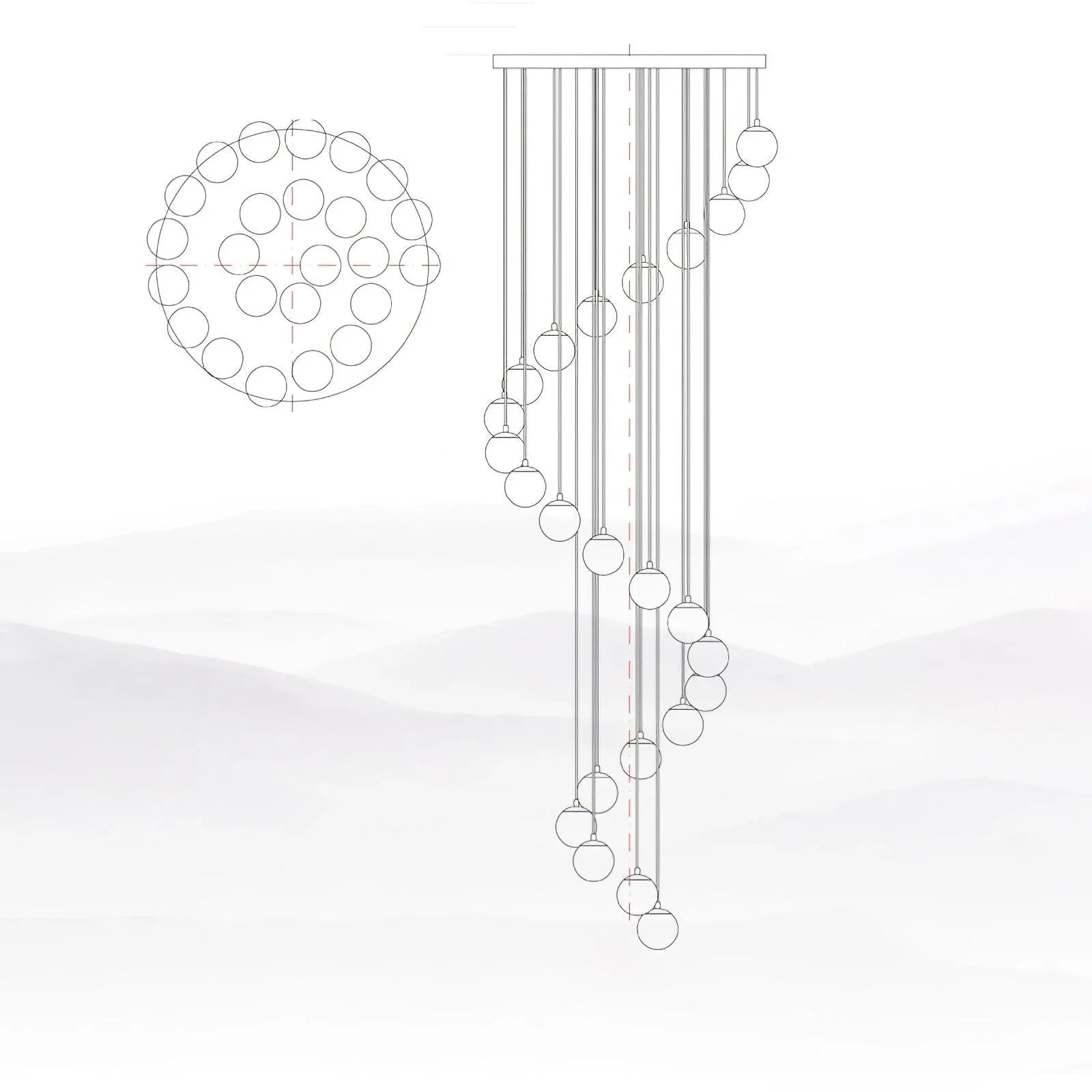 Modern spiral cluster chandelier with multiple hanging alabaster ball lights and round canopy, white background