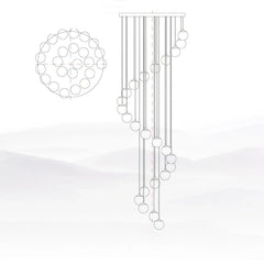 Modern spiral cluster chandelier with multiple hanging alabaster ball lights and round canopy, white background
