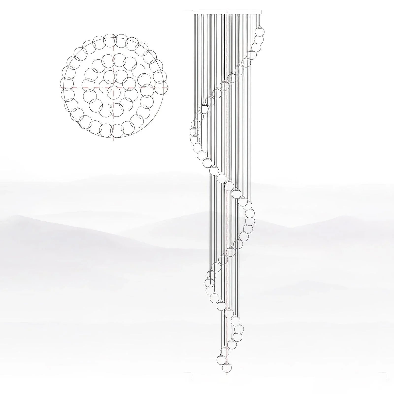 Modern spiral chandelier with hanging alabaster ball lights and round canopy, sleek black and white design