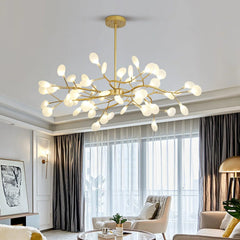 Modern gold and white 30-head LED firefly chandelier pendant lamp in bright stylish living room