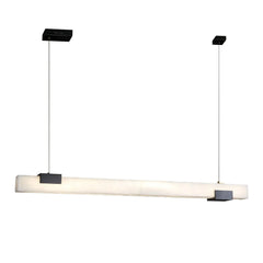 Modern linear black and white alabaster pendant chandelier with warm lighting suspended by two cables