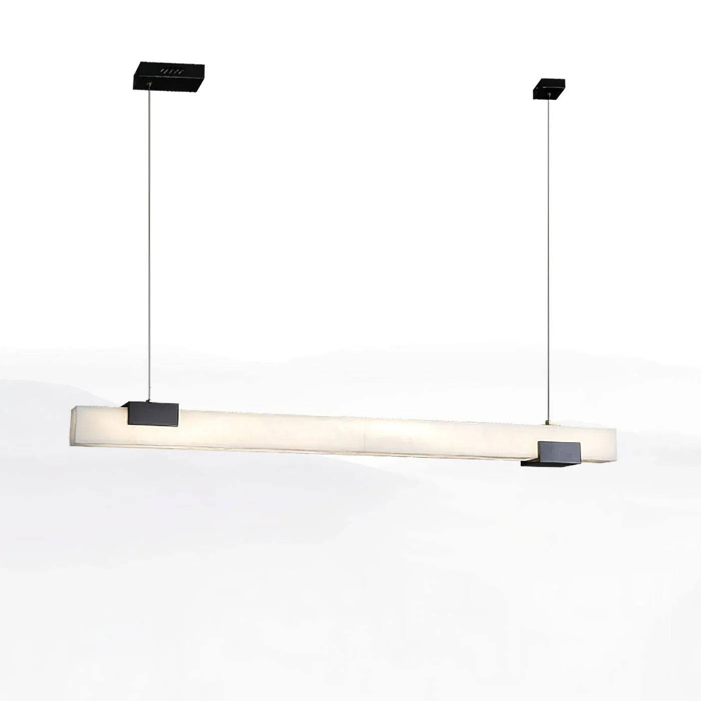 Modern rectangular alabaster pendant lamp with black metal accents, suspended by two wires