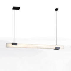 Modern black and white alabaster pendant chandelier with warm light, suspended by two cables