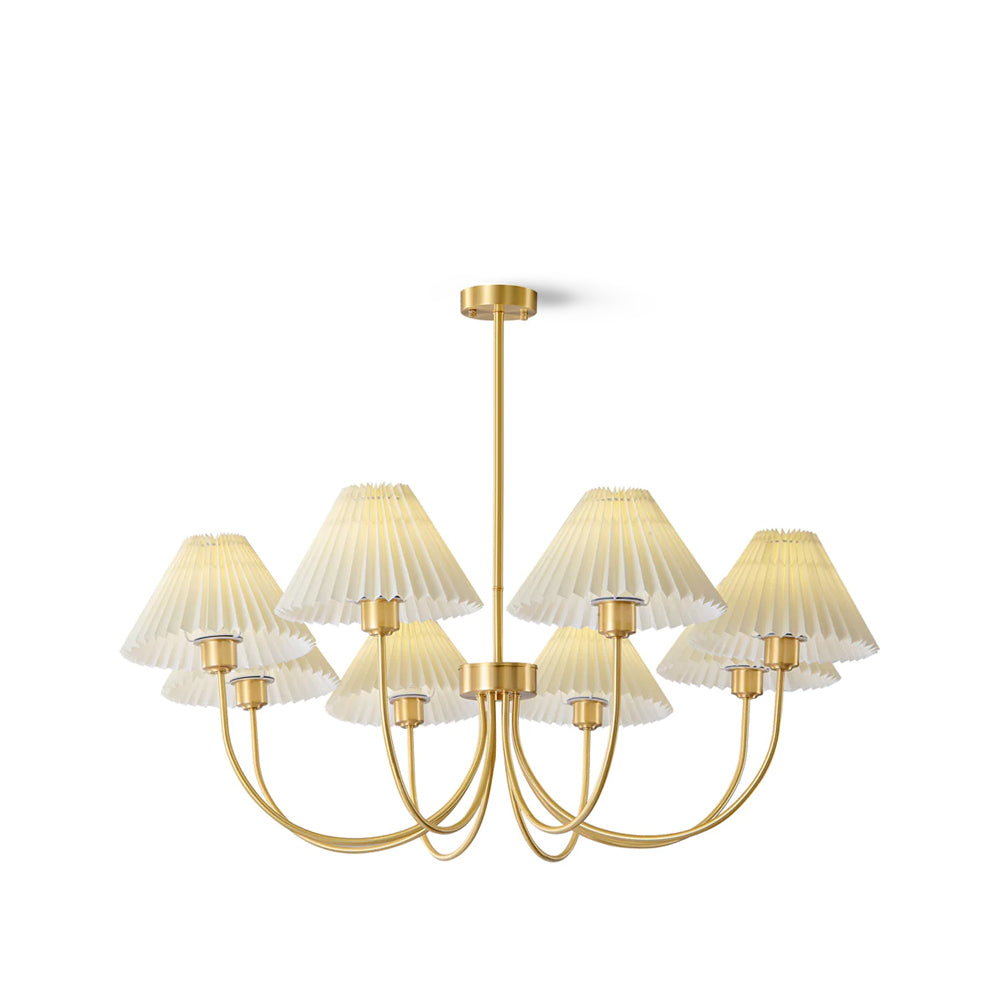 Modern brass chandelier with white pleated shades, 8-light pendant from YH Lamps