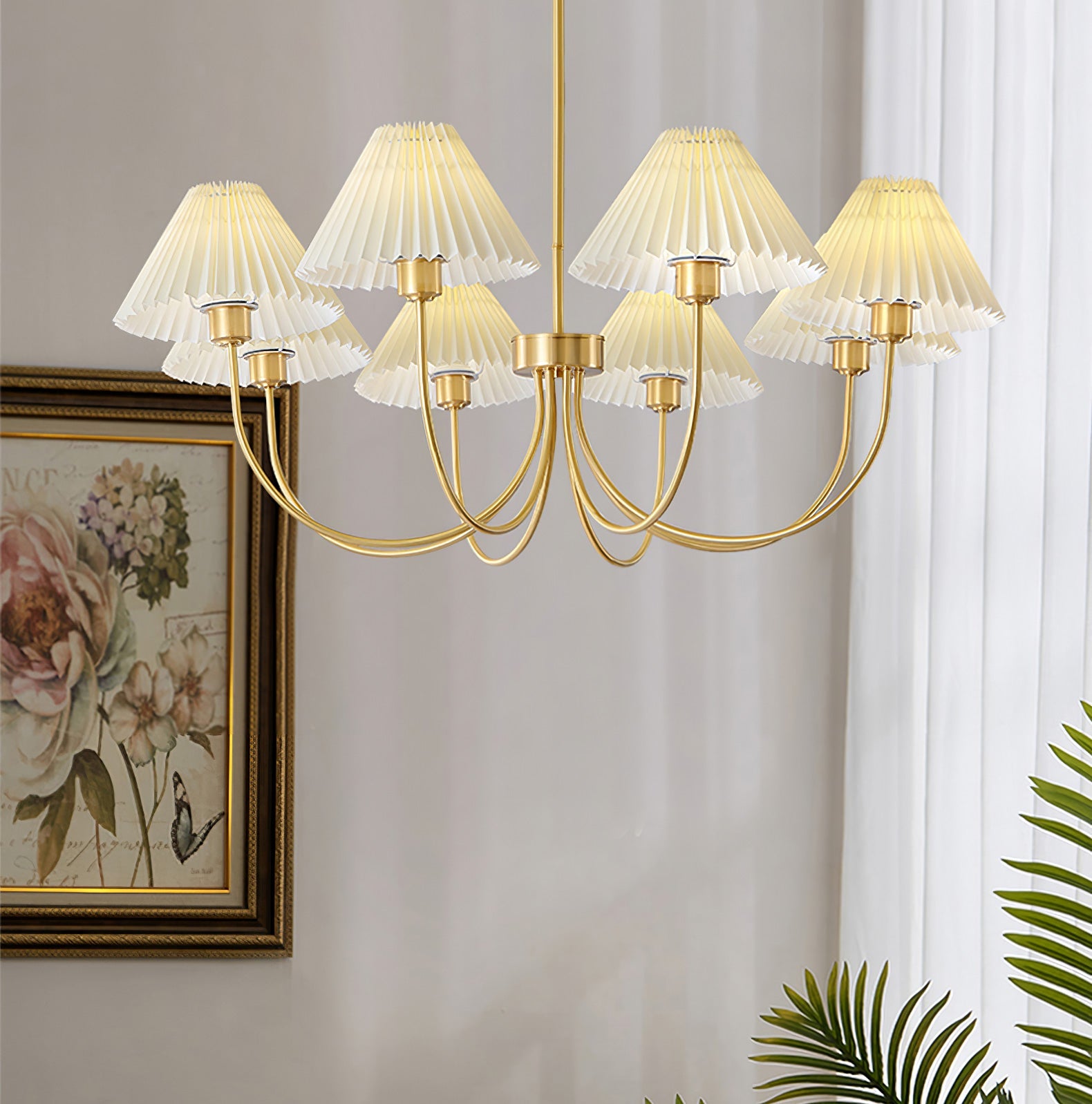 Modern brass chandelier with pleated white shades in a stylish living room, YH Lamps