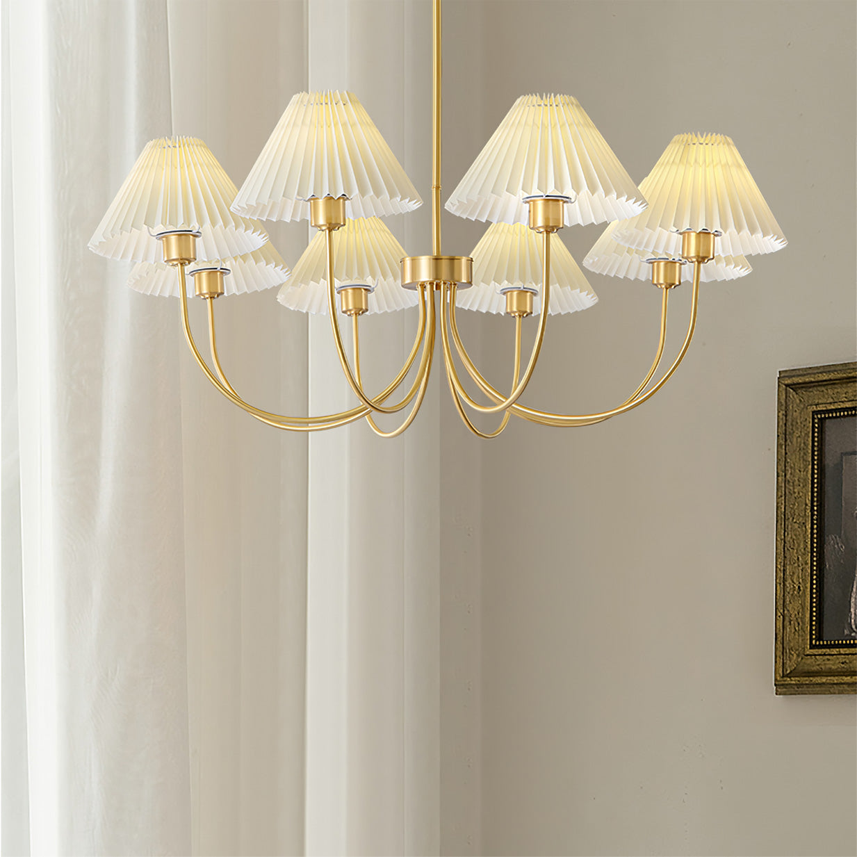 Modern brass chandelier with white pleated shades, elegant home lighting by YH Lamps
