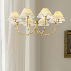 Modern brass chandelier with white pleated shades, elegant home lighting by YH Lamps