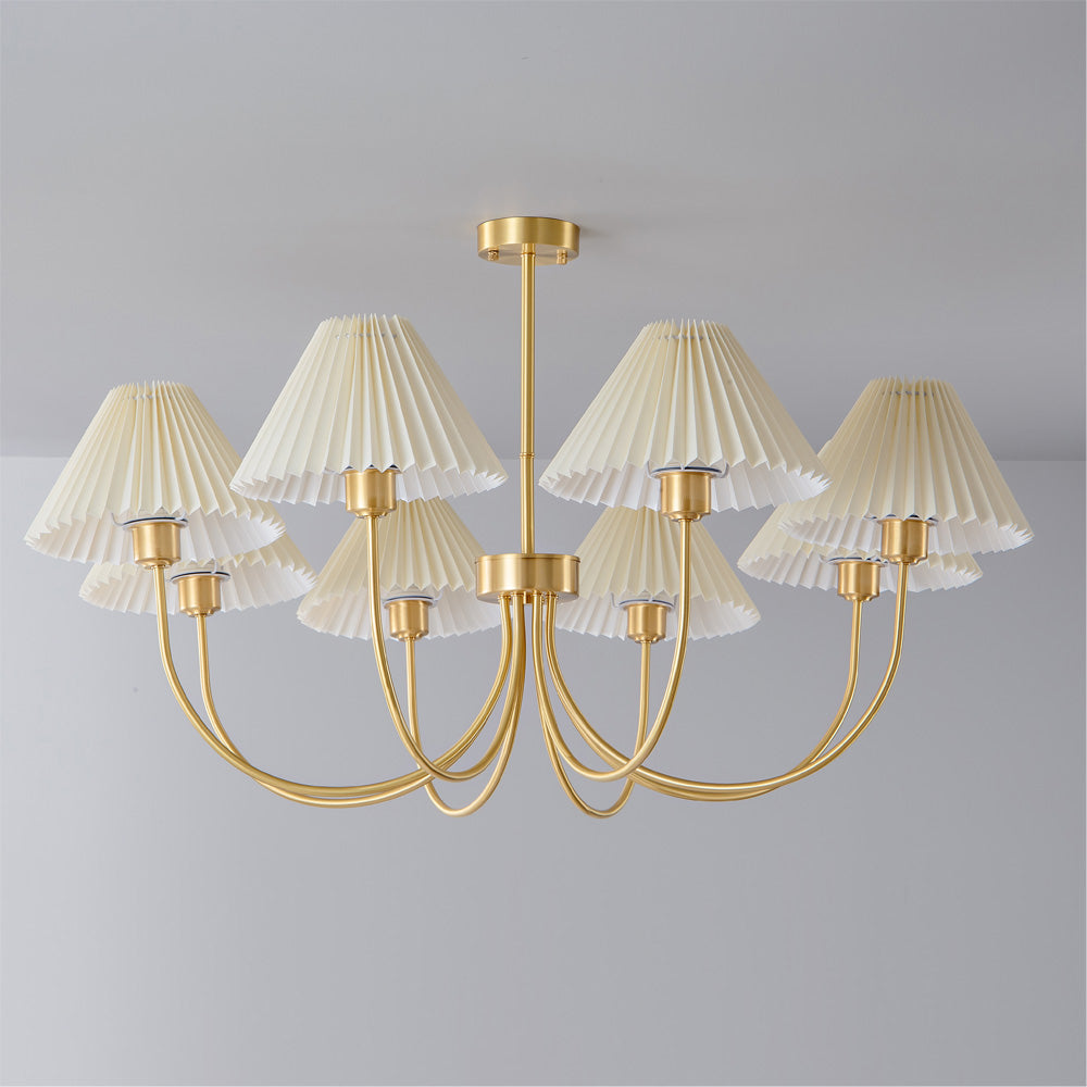 Modern brass 8-head chandelier with white pleated shades, ceiling-mounted, YH Lamps