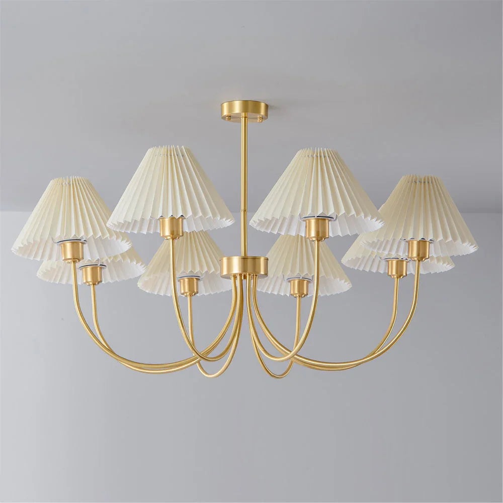 Modern brass 8-head chandelier with white pleated shades, ceiling-mounted, YH Lamps