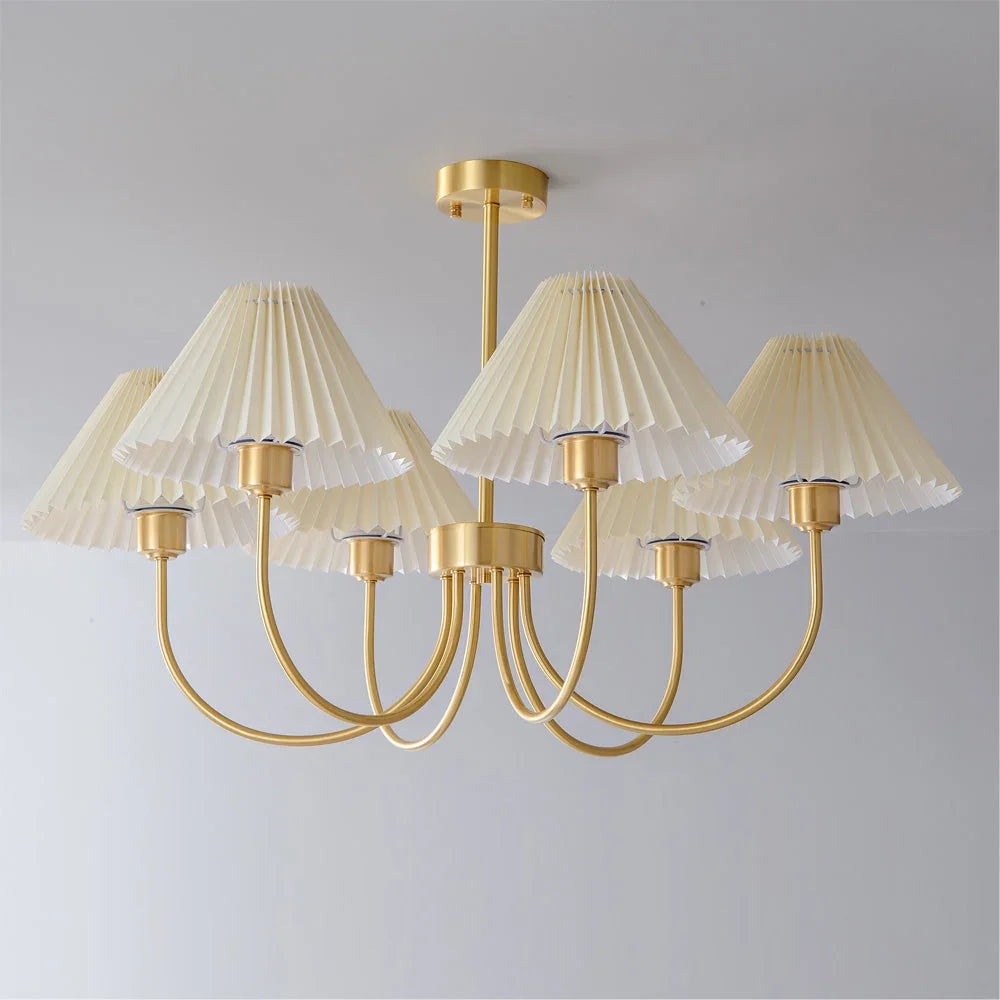 Modern brass chandelier with four pleated white shades, ceiling mounted, YH Lamps