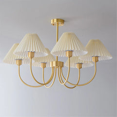 Modern brass chandelier with four pleated white shades, ceiling mounted, YH Lamps