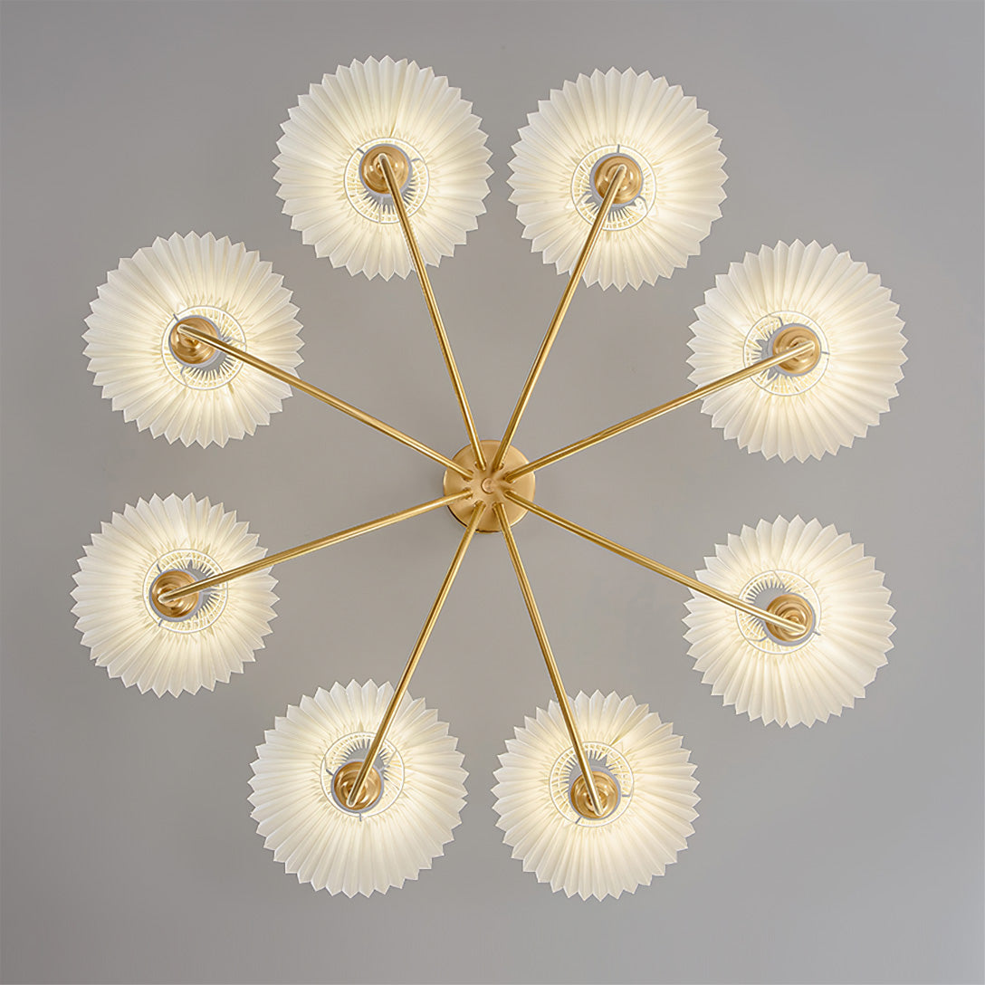 Modern brass chandelier with eight white pleated shades, ceiling-mounted, YH Lamps