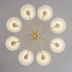 Modern brass chandelier with eight white pleated shades, ceiling-mounted, YH Lamps