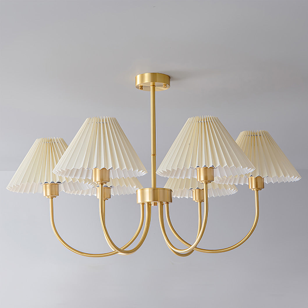 Modern brass chandelier with four white pleated shades, ceiling-mounted, YH Lamps design