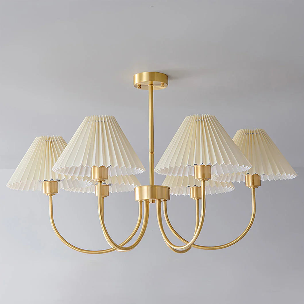 Modern brass chandelier with four white pleated shades, ceiling-mounted, YH Lamps design