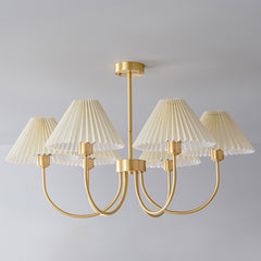 Modern brass chandelier with four white pleated shades, ceiling-mounted, YH Lamps design