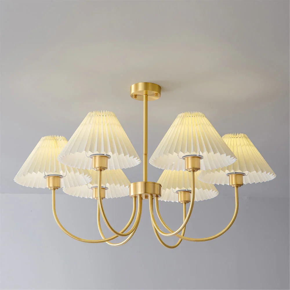 Modern brass and white shaded chandelier with four heads by YH Lamps, ceiling mounted.
