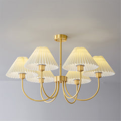 Modern brass and white shaded chandelier with four heads by YH Lamps, ceiling mounted.