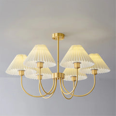 Modern brass and white shaded chandelier with four heads by YH Lamps, ceiling mounted.
