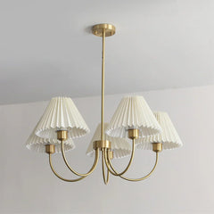 Modern brass 4-head chandelier with white pleated shades by YH Lamps, ceiling mounted