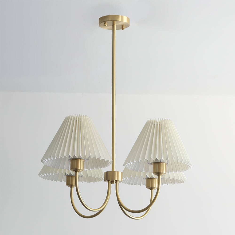 Modern brass chandelier with four pleated white shades by YH Lamps