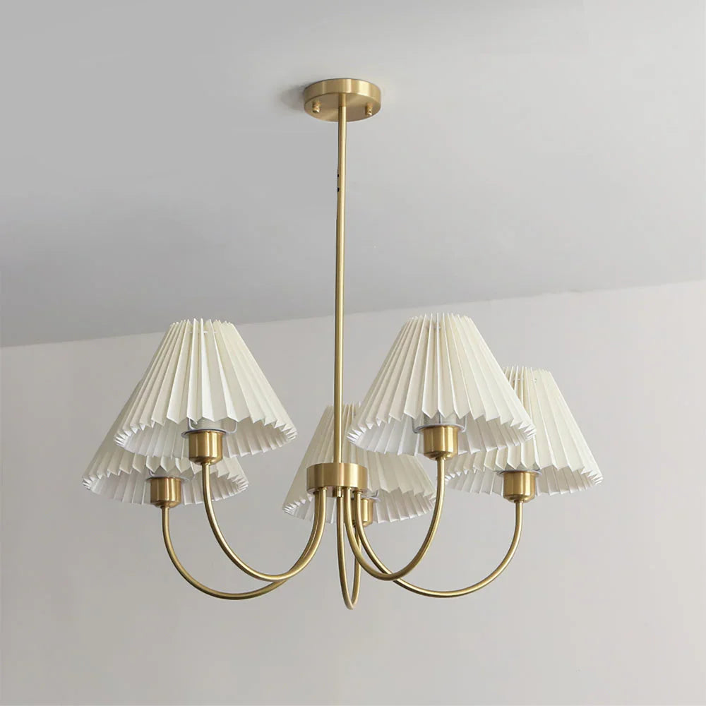 Modern brass 4-head chandelier with white pleated shades, ceiling-mounted, YH Lamps