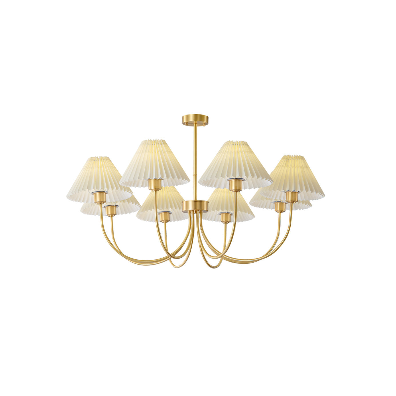 Modern brass chandelier with eight white pleated shades, YH Lamps elegant ceiling light