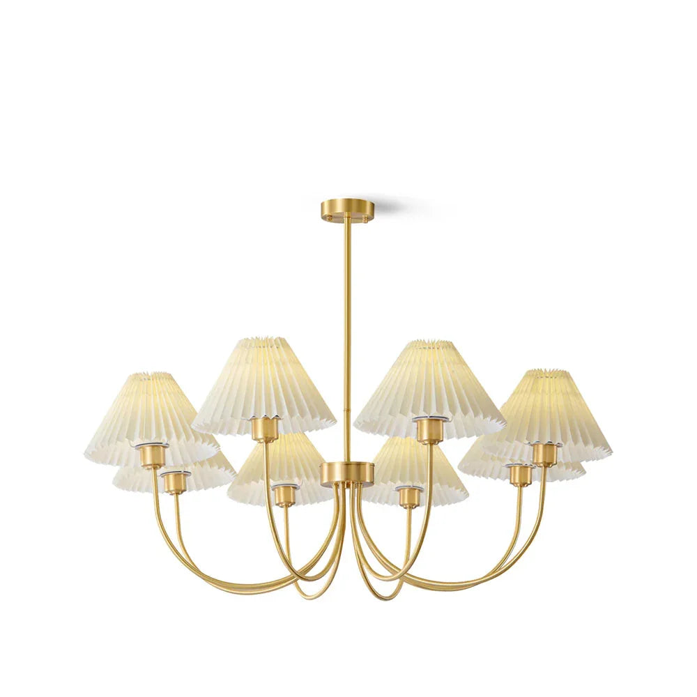 Modern brass chandelier with four white pleated lampshades, YH Lamps elegant lighting