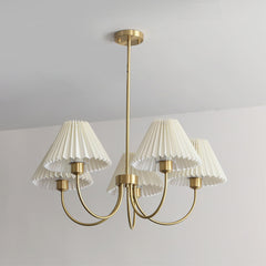 Modern brass chandelier with four pleated white shades, ceiling mounted, YH Lamps lighting