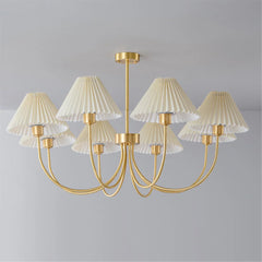 Modern brass chandelier with four pleated white lamp shades, ceiling mount, YH Lamps