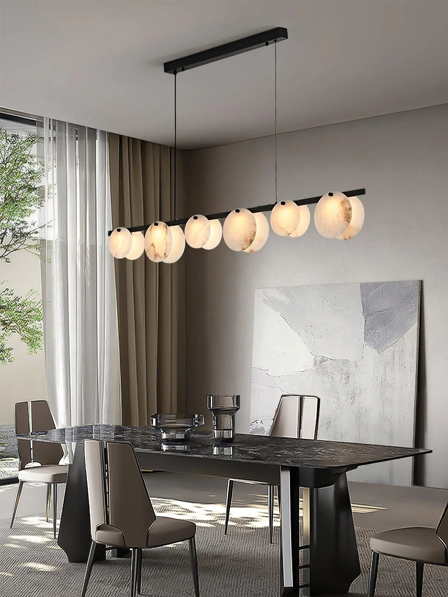 Modern dining room with YH Lamps 5-head marble pendant chandelier above black marble table
