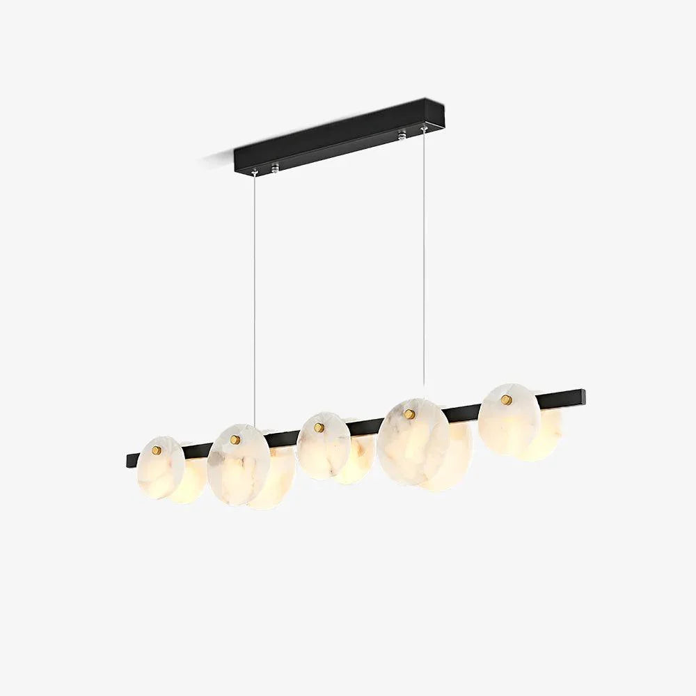 Modern pendant chandelier with six round alabaster lampshades on black horizontal bar