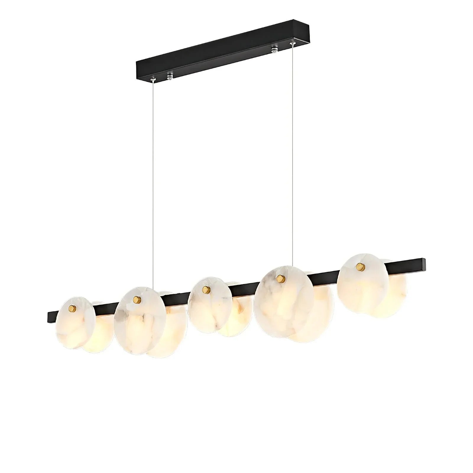 Modern linear pendant chandelier with six round alabaster glass shades and black metal frame