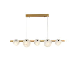 Modern YH Lamps chandelier with five white marbled glass globes and brass finish, suspended linear dining room pendant
