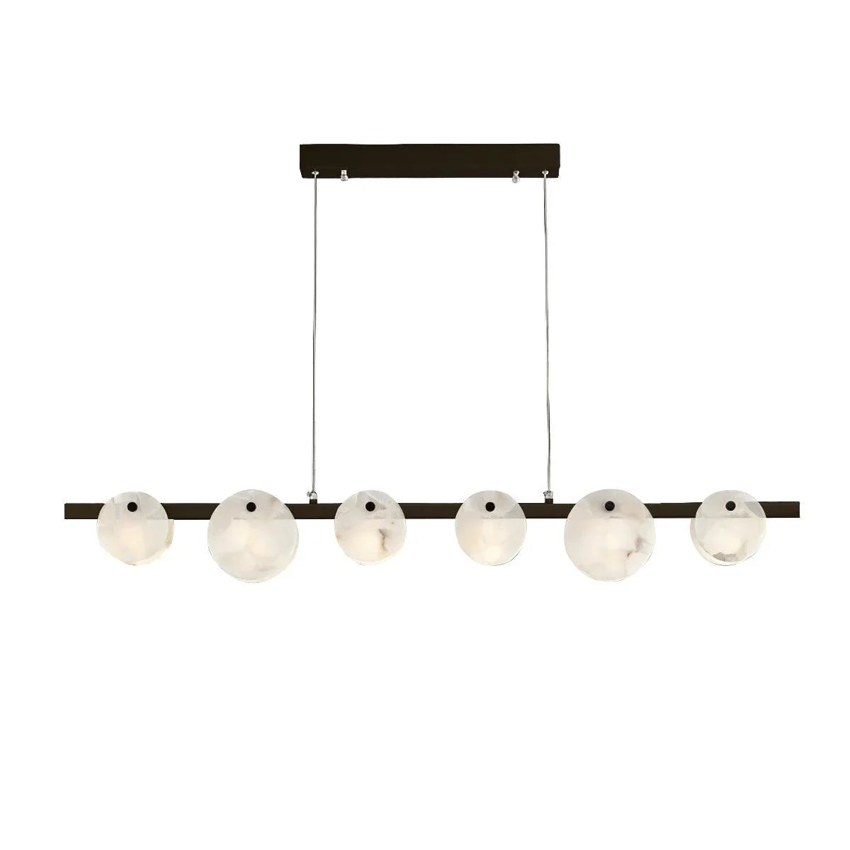 Modern pendant chandelier with six white marble glass globe shades and brass finish bar