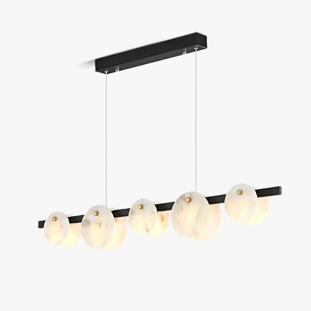 Modern pendant chandelier with five frosted glass globes on black horizontal bar, suspended by cables