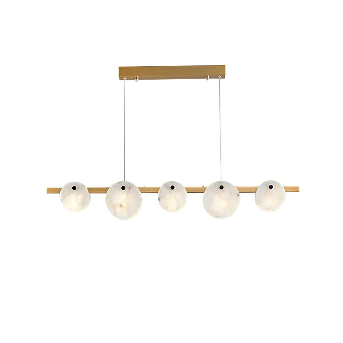 Modern brass 5-head pendant chandelier with white frosted glass shades, linear dining room light