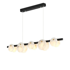 Modern linear chandelier with six round alabaster glass shades and black metal frame pendant light