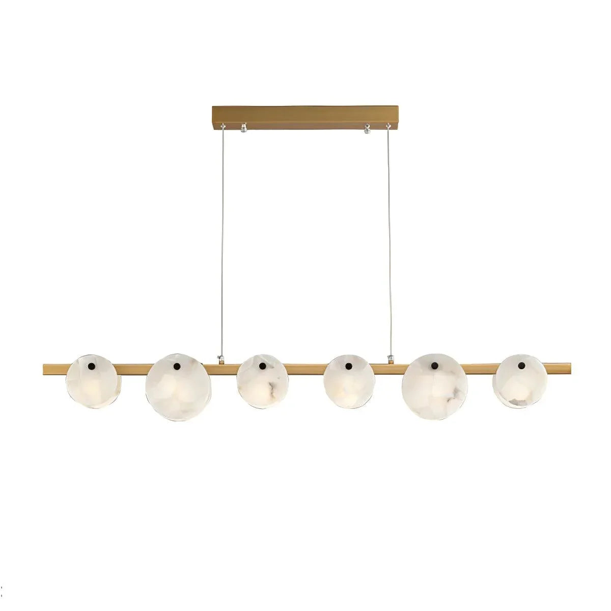 Modern chandelier with six white marble glass shades and brass horizontal bar suspension