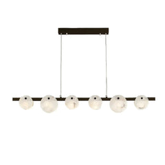 Modern 6-light pendant chandelier with brass accents and white marble globe shades