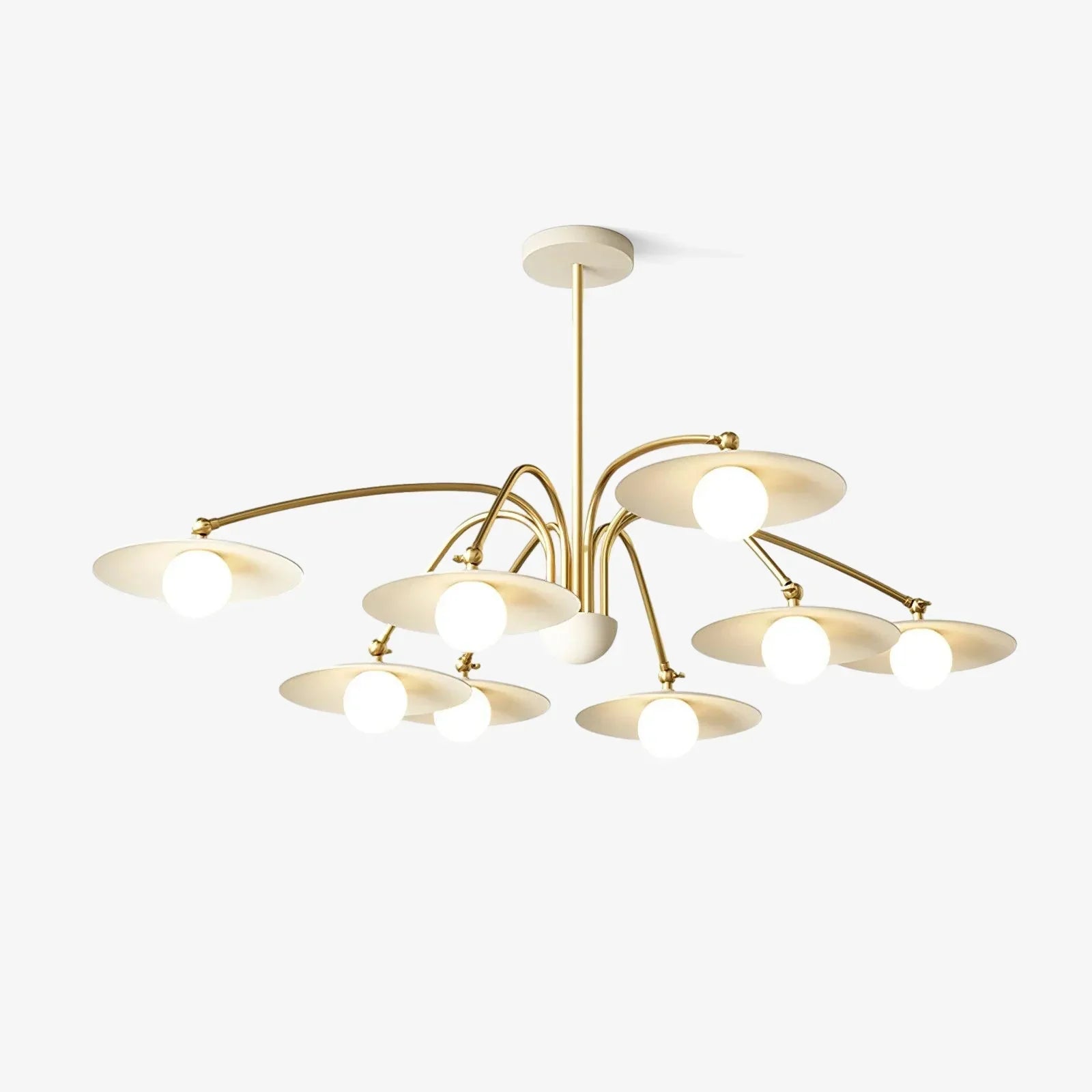 Modern 6-head gold and white pendant chandelier with disc-shaped shades, elegant home lighting fixture