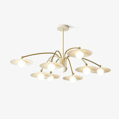 Modern 6-head gold and white pendant chandelier with disc-shaped shades, elegant home lighting fixture