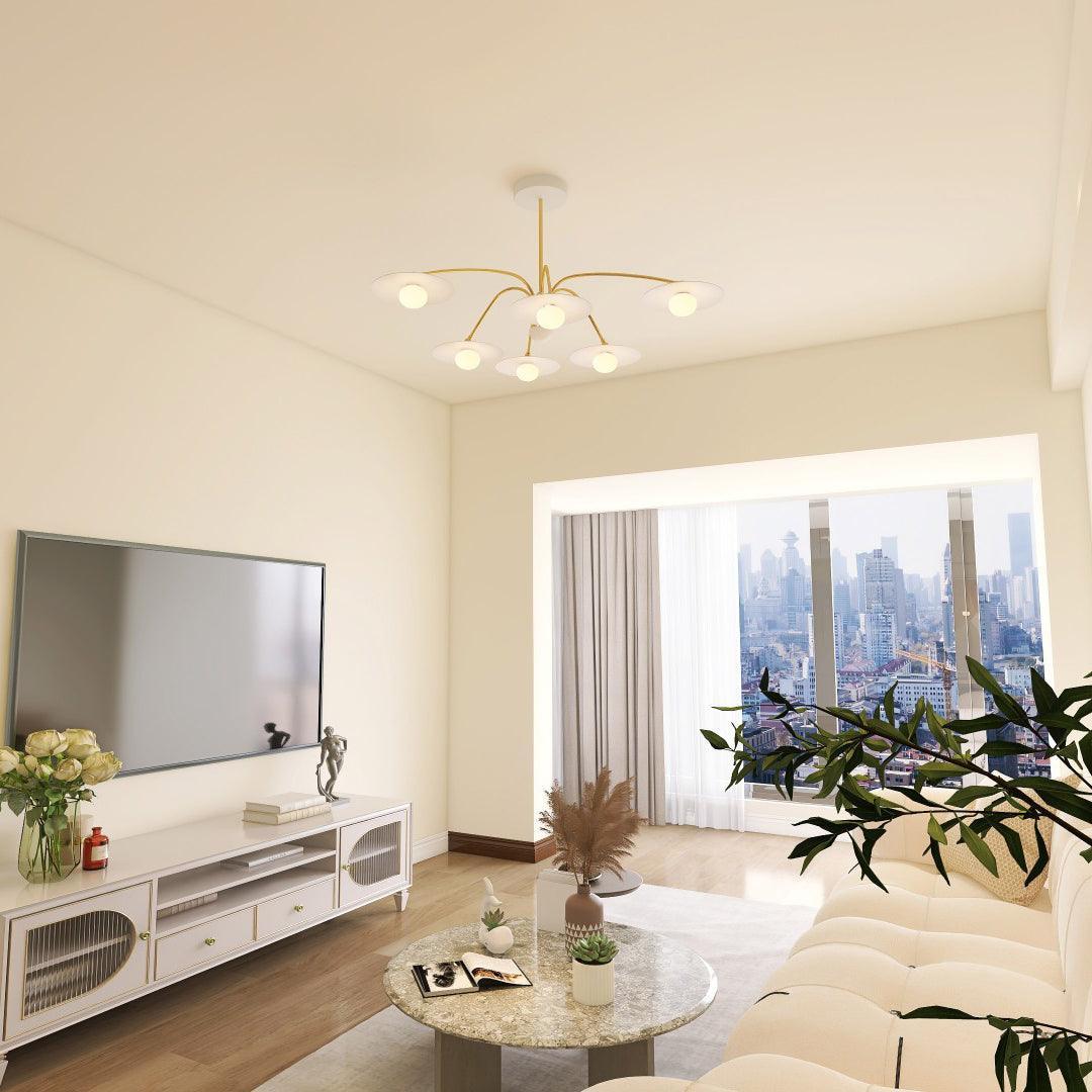 Modern living room with large window city view, beige sofa, round marble coffee table, and gold-white 6-head chandelier