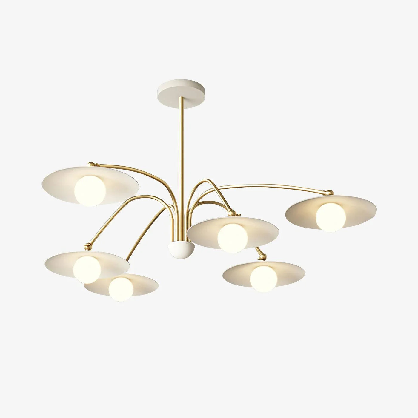 Modern 6-head gold and white pendant chandelier with round bulb shades by YH Lamps